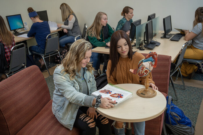 Students in Aultman College nursing program examining a 3D model of the heart 